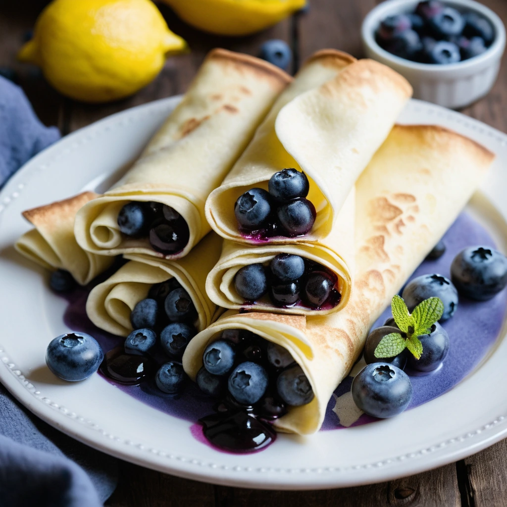 Golden crepes stuffed with creamy lemon cheesecake and topped with plump blueberries arranged on a rustic wooden board.