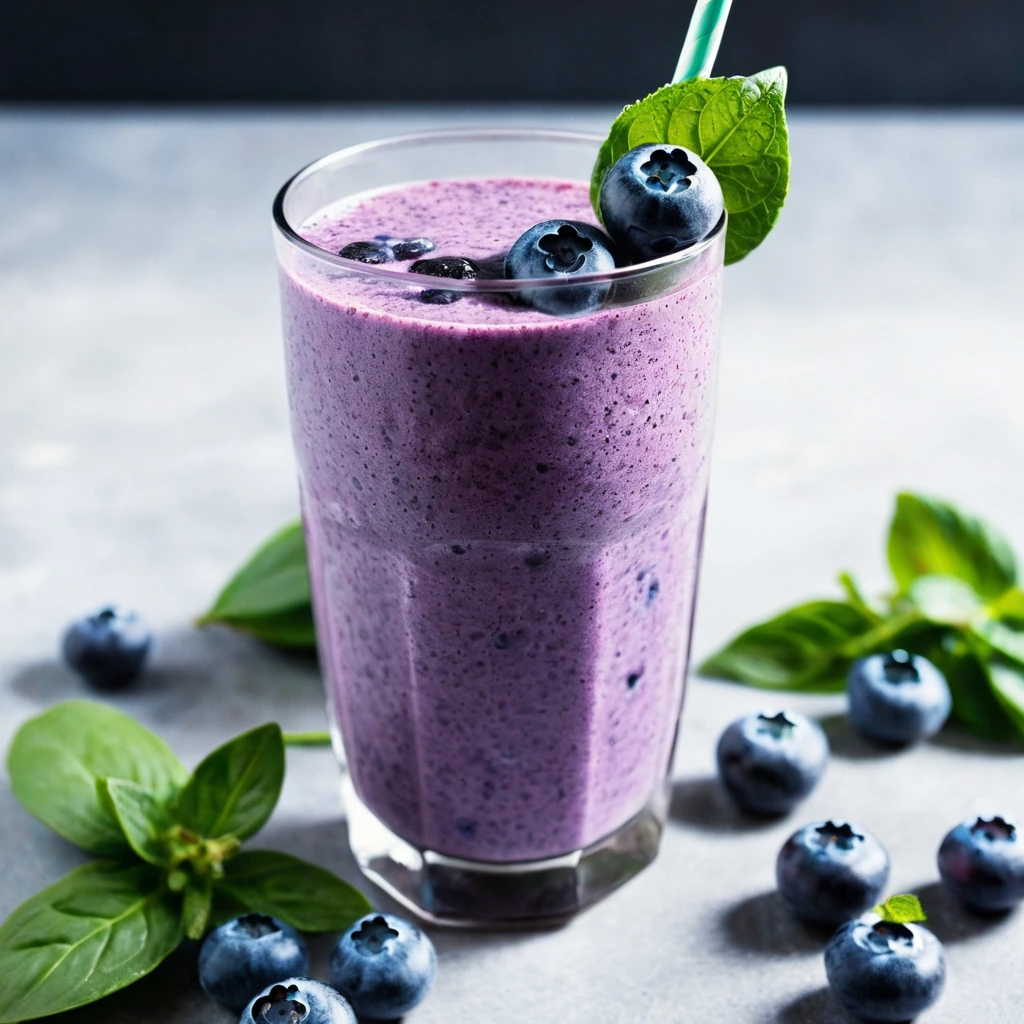 A tall glass of vibrant purple smoothie with green flecks, topped with a few fresh blueberries.