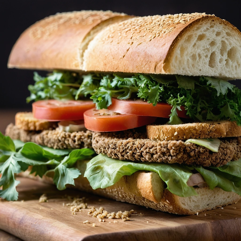 Juicy steak slices coated in golden breadcrumbs, stacked high in a toasted hoagie roll with melted cheese and garnished with fresh parsley.