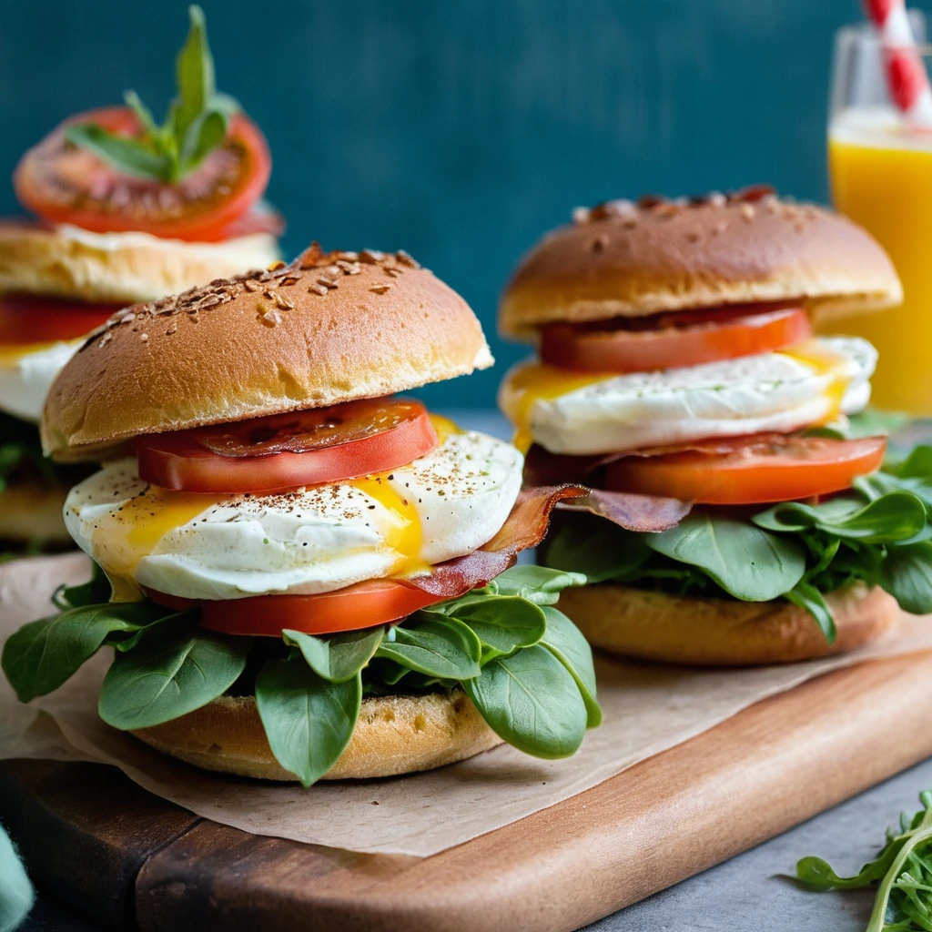 Golden brioche buns filled with runny egg, crispy bacon, red tomato slices, and fresh arugula on a rustic wooden board.
