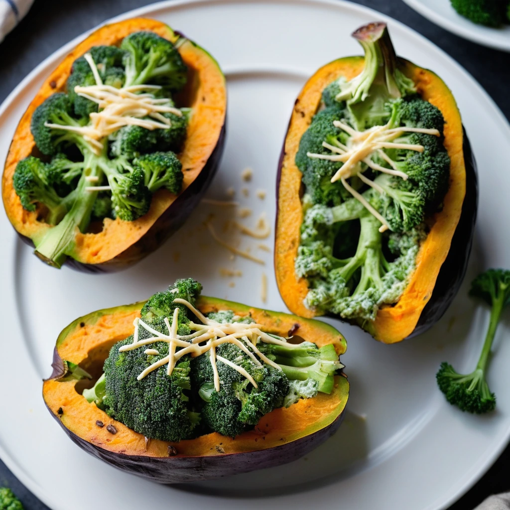 Two halved baked sweet potatoes topped with a generous layer of broccoli and melted cheddar cheese.