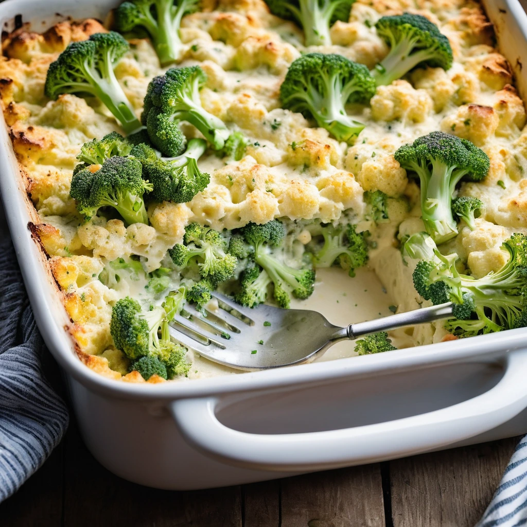 Golden bubbly casserole with broccoli and cauliflower florets in a creamy cheddar sauce, sprinkled with extra cheese.