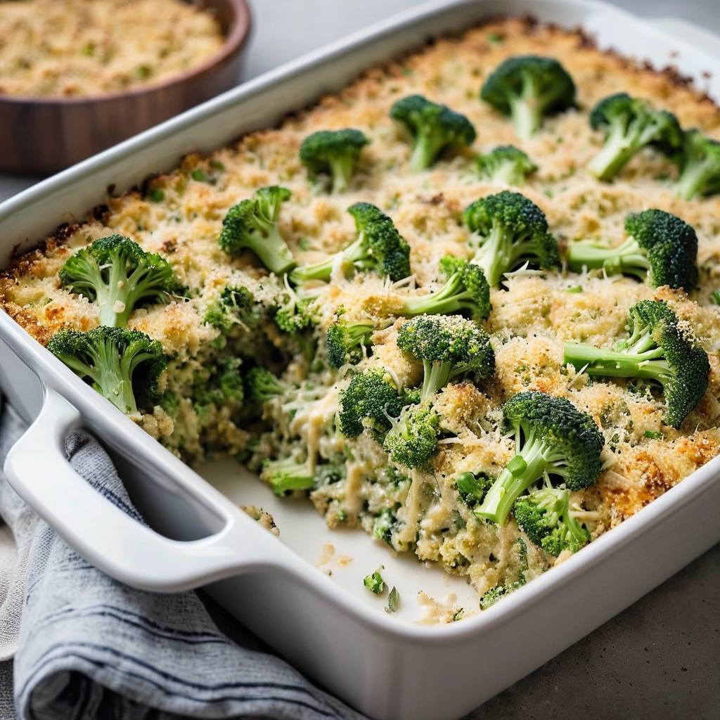 Golden bubbly casserole in a baking dish with broccoli and quinoa, topped with melted cheddar.