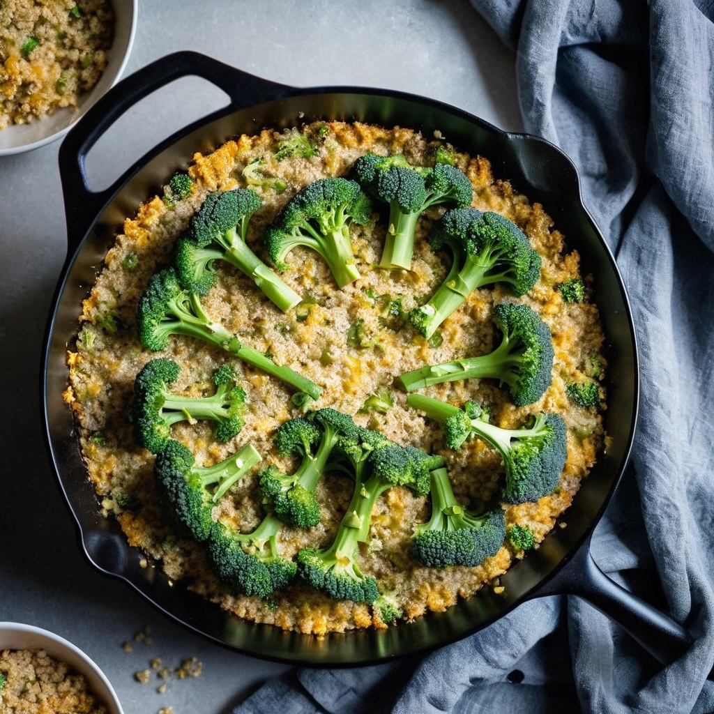 Cheesy broccoli and quinoa casserole in a skillet with a bubbly golden top.