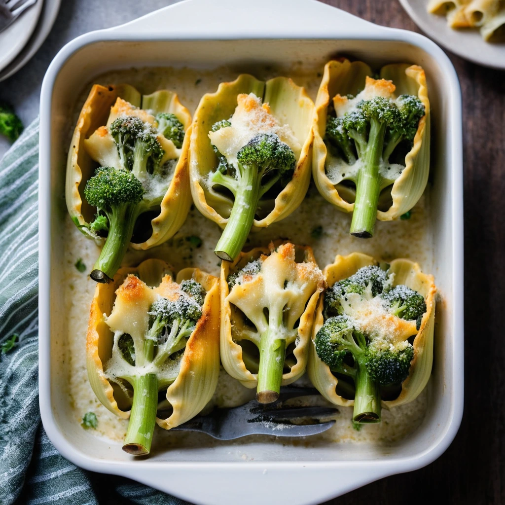 Baked jumbo pasta shells stuffed with green broccoli and orange cheddar cheese in a baking dish.