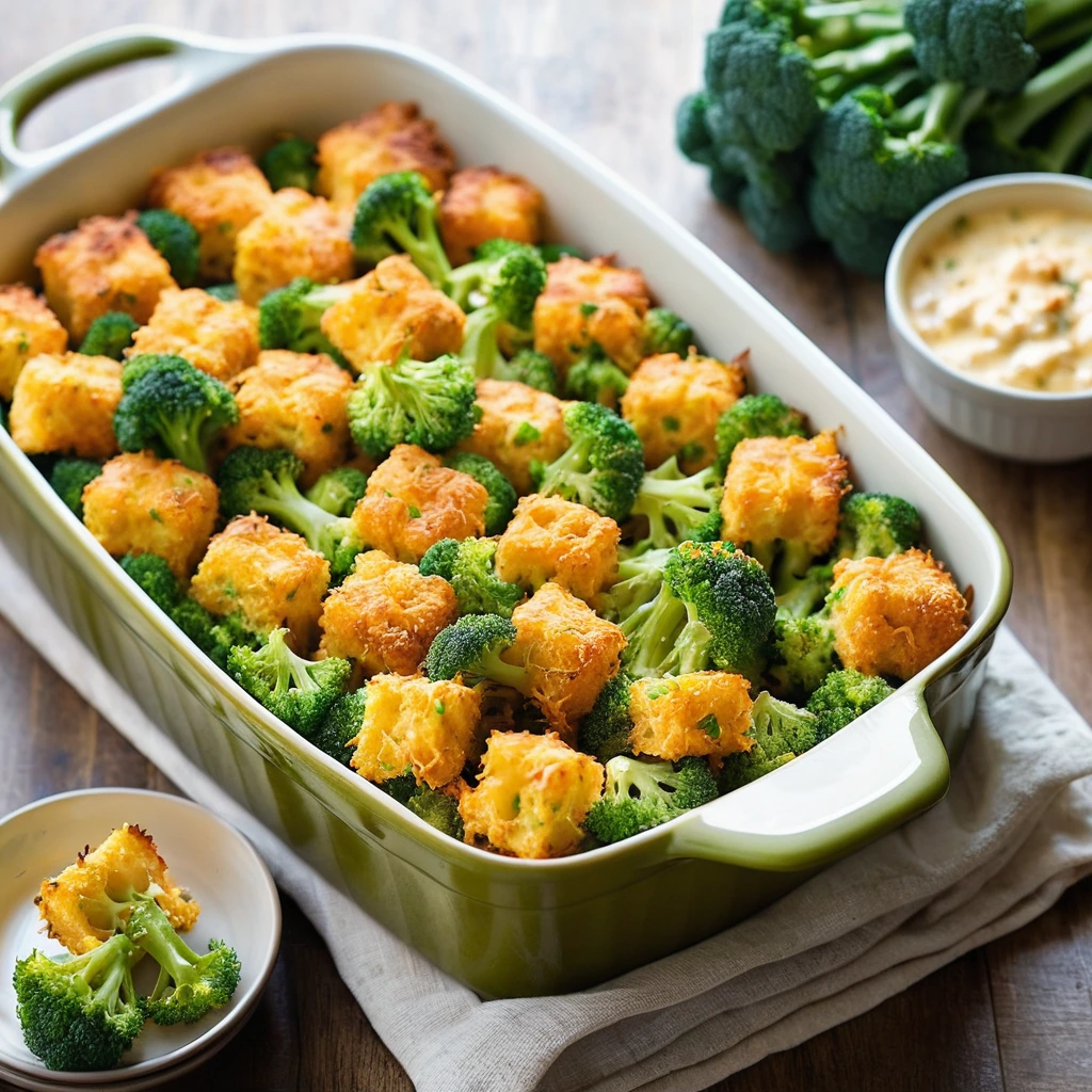 Crispy tater tots layered with broccoli and melted cheddar in a baking dish, golden and bubbly.