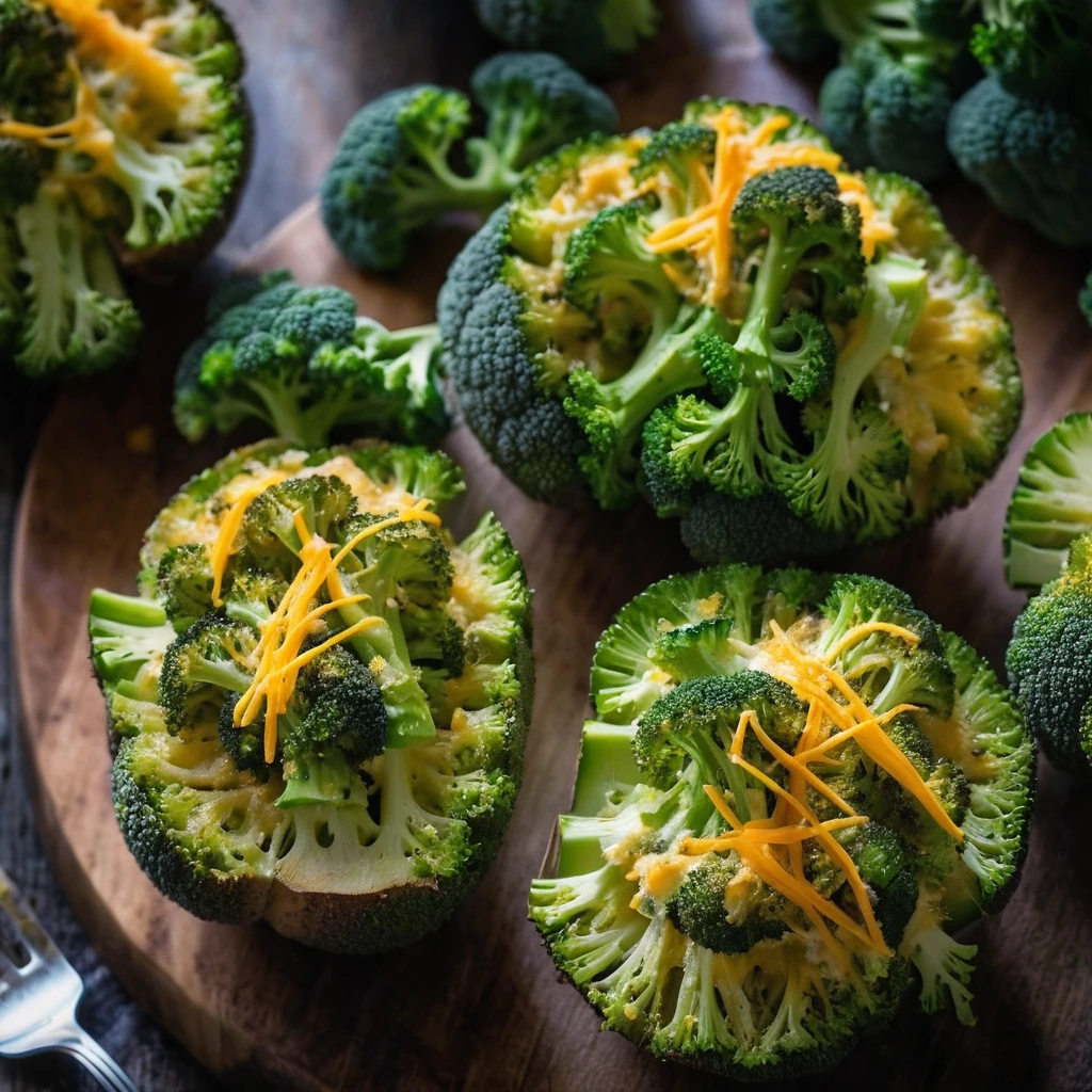 Four golden brown potatoes stuffed with a vibrant green and orange broccoli cheddar mixture, served on a rustic wooden board.