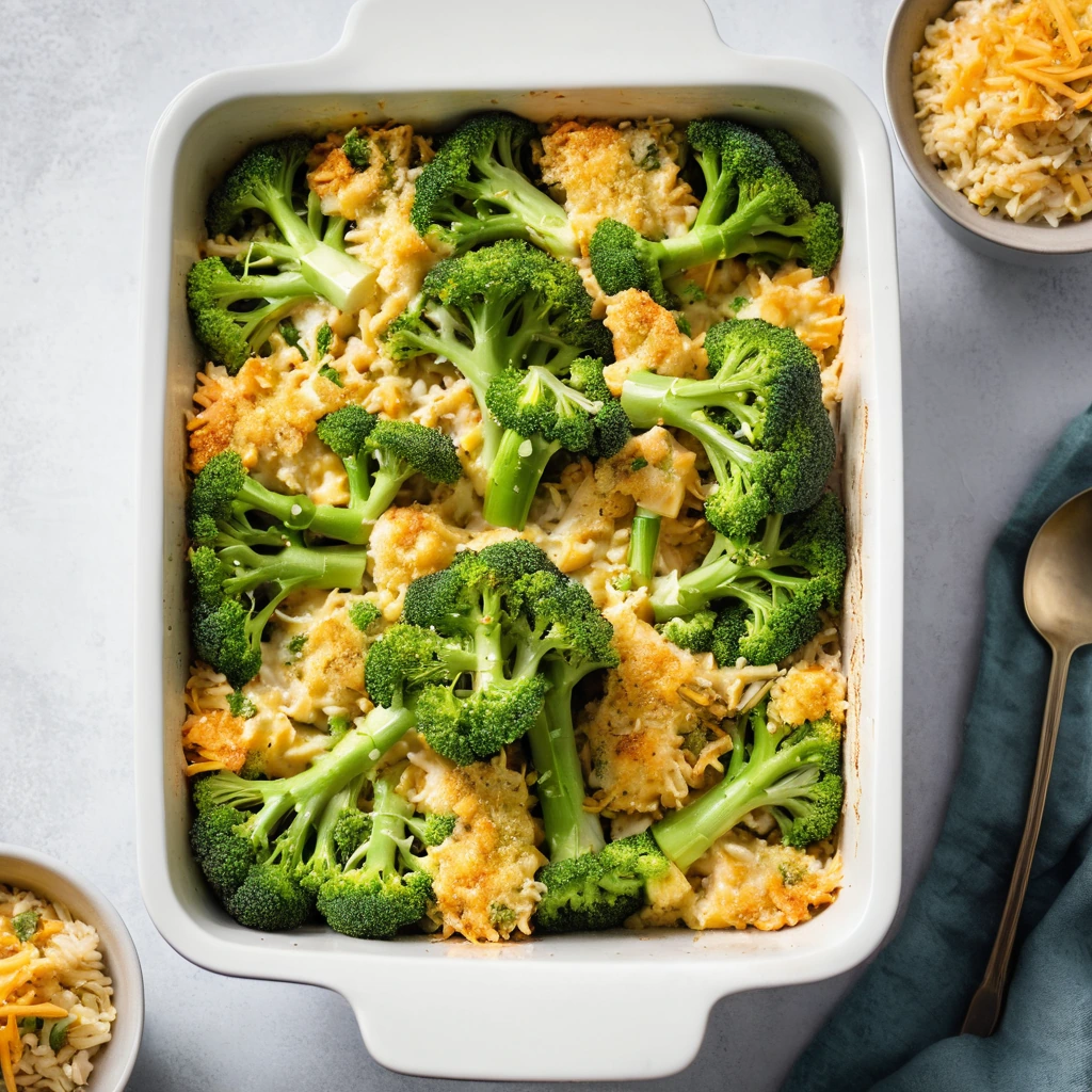 Golden bubbly casserole in a baking dish with broccoli florets and melted cheddar cheese on top.