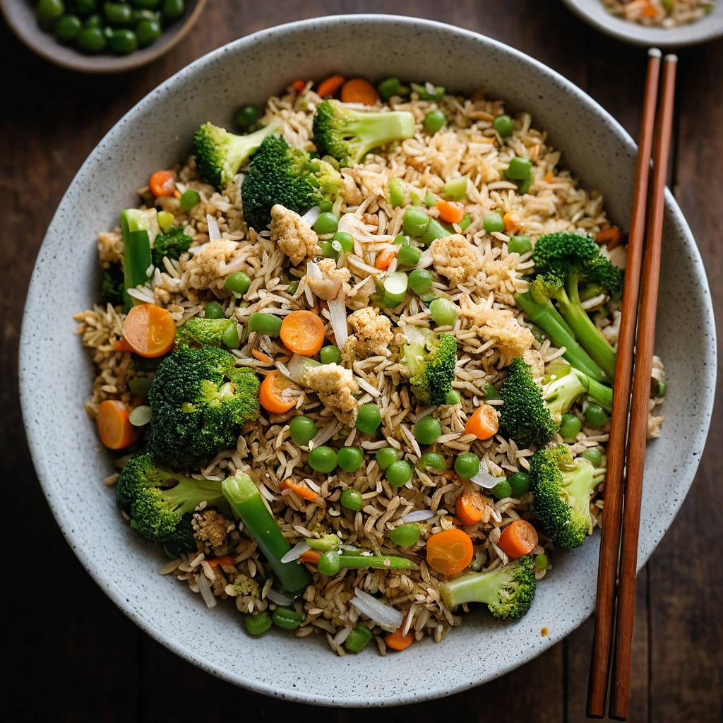 Golden fried rice in a wok, flecked with green veggies and white chicken, served in a rustic bowl.