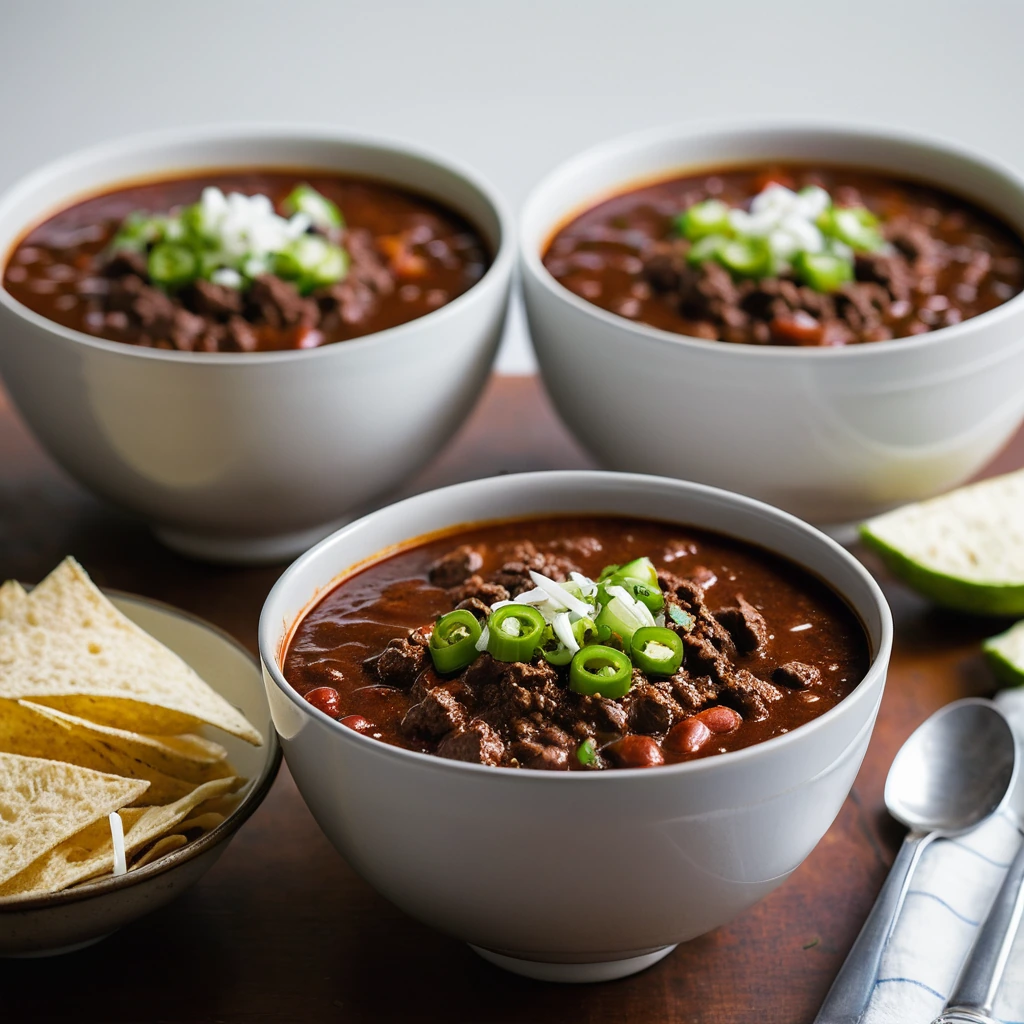 Bowl of rich, red chili with melted cheese on top and a sprinkle of green onions