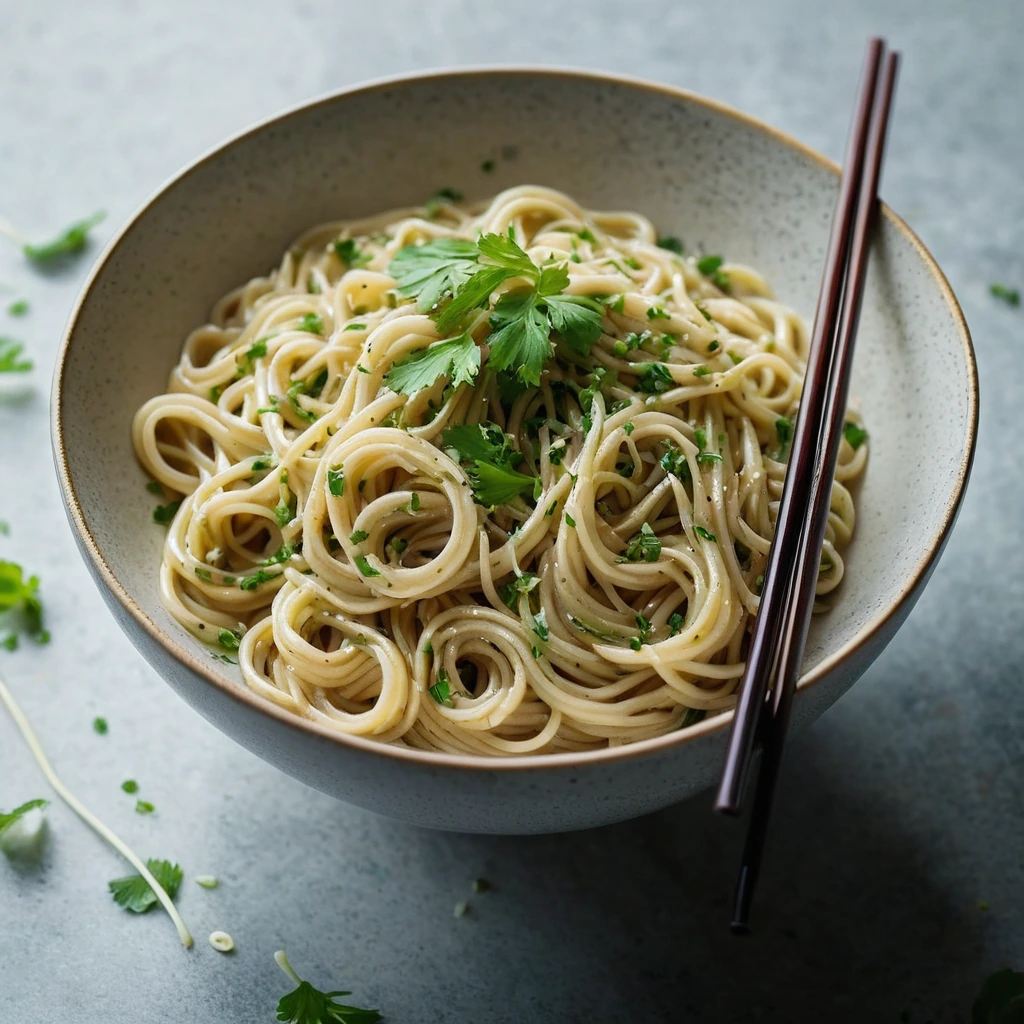 Golden noodles in a creamy garlic butter sauce, sprinkled with parsley in a deep bowl.