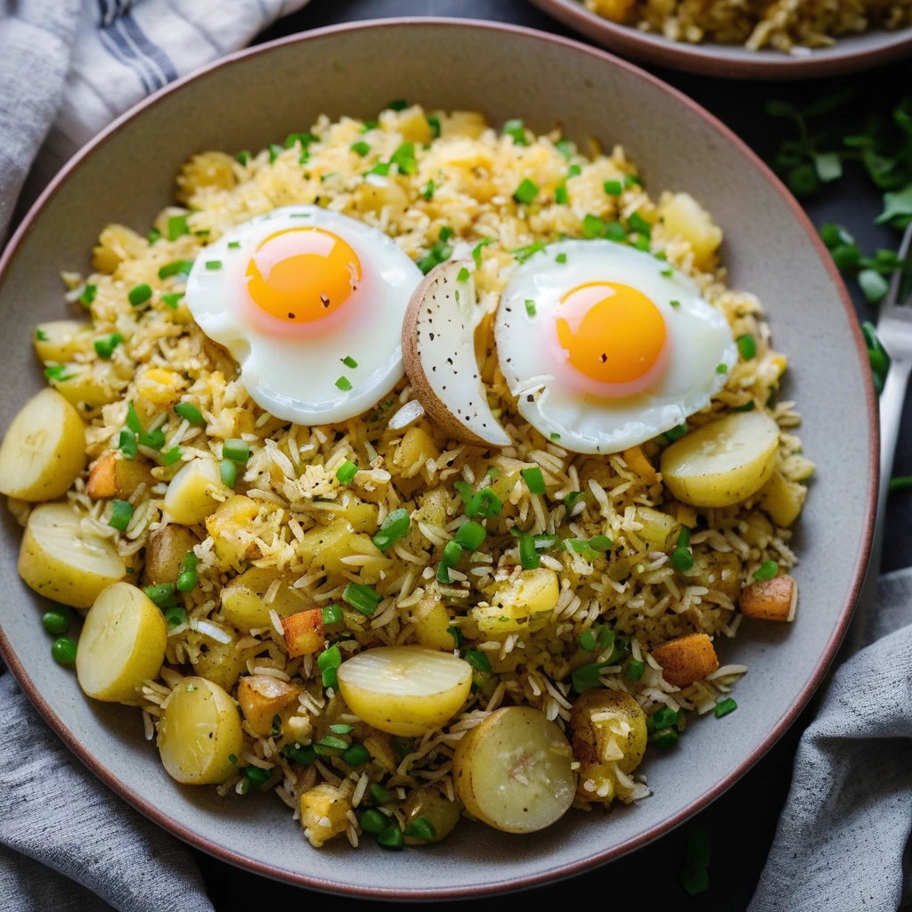 Golden fried rice topped with scrambled eggs and diced potatoes in a skillet