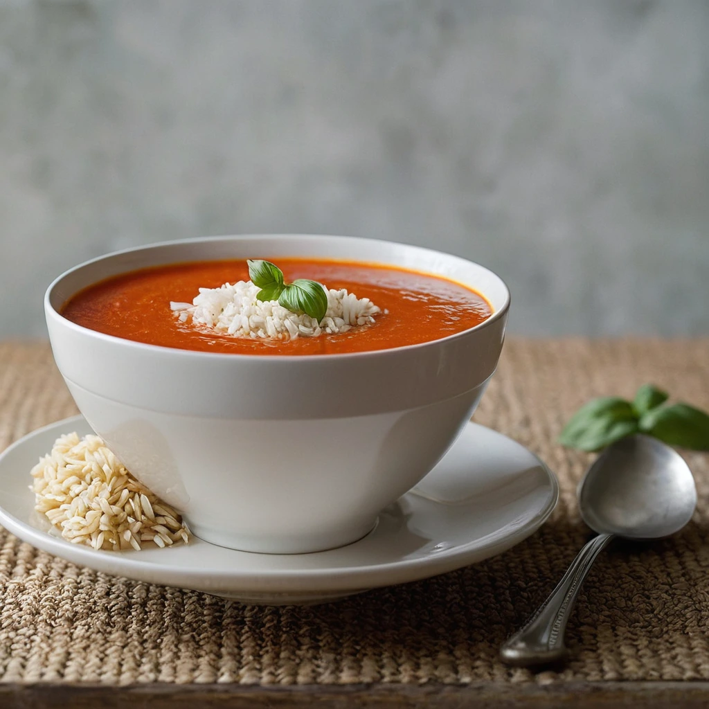 steaming bowl of red tomato soup with a side of golden buttered rice