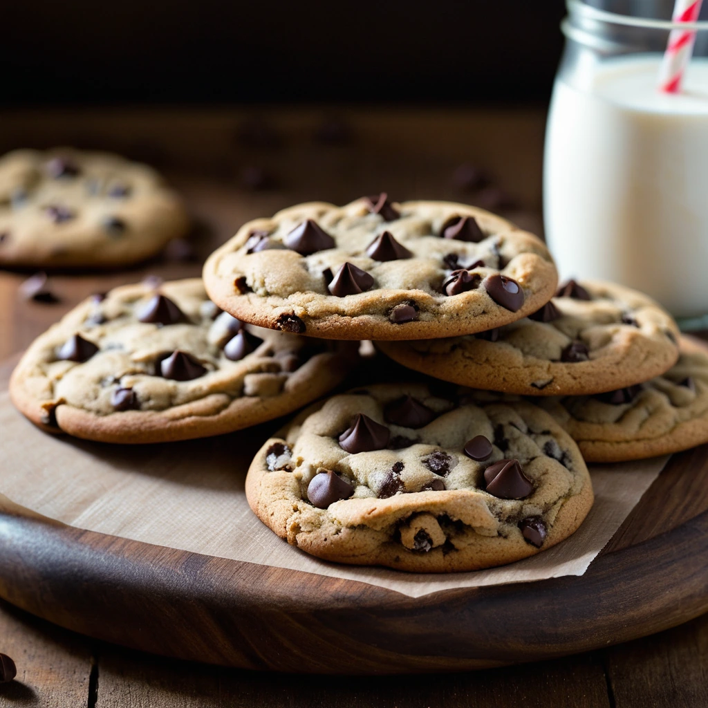 Golden brown cookies with melted chocolate chips on a rustic wooden board