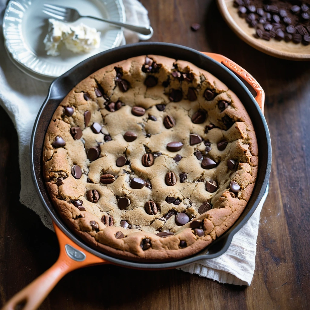 A large skillet with a golden brown, gooey cookie sprinkled with chocolate chunks.
