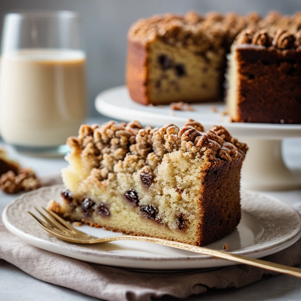 Golden coffee cake with a streusel topping in a white plate.