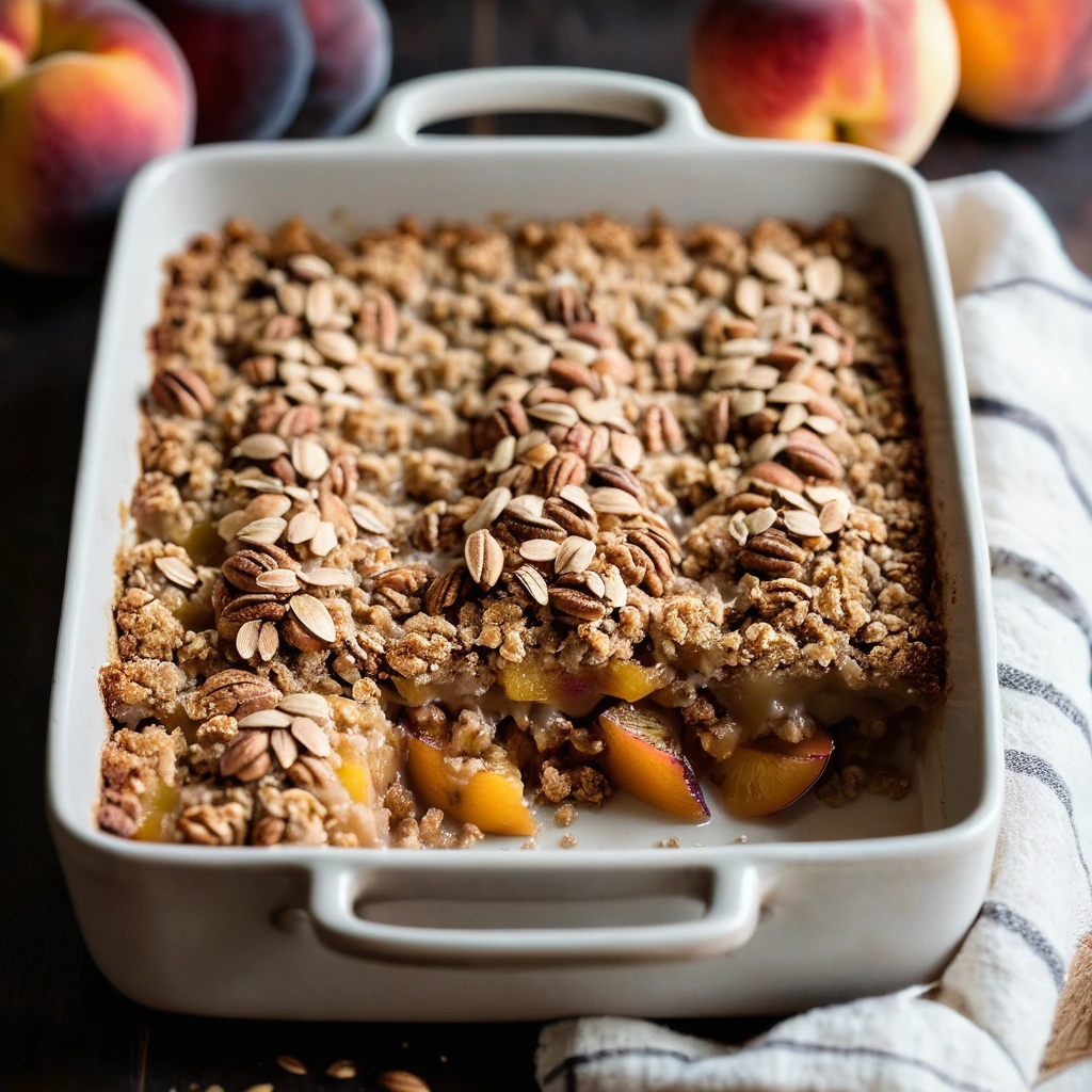 Golden brown crisp with a lattice of juicy peach slices in a rustic oven dish.