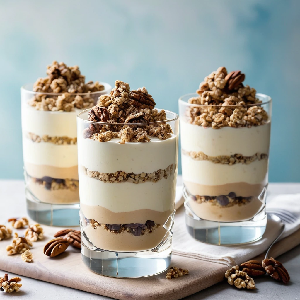 Layers of creamy vanilla custard with crunchy pecan crumble in clear glasses, topped with golden brown bits.