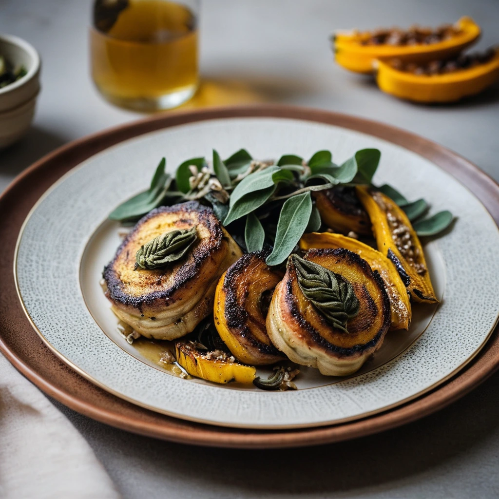 Chicken thighs and roasted delicata squash slices on a plate, drizzled with brown butter and sage.