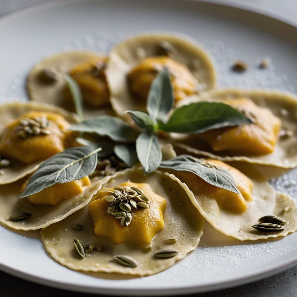 Golden brown ravioli arranged on a white plate with a glossy sage-speckled sauce and toasted pumpkin seeds on top.