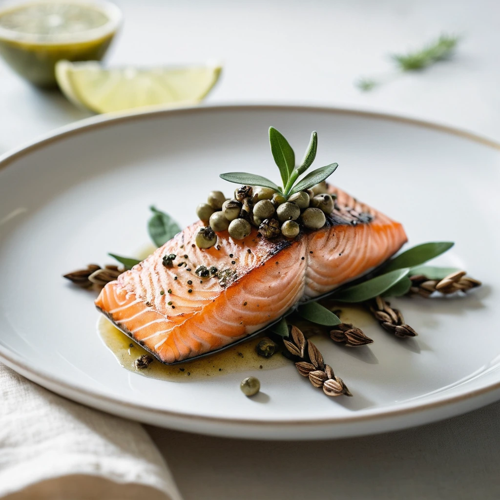 Golden brown salmon fillets garnished with crispy capers and fresh sage leaves on a white plate