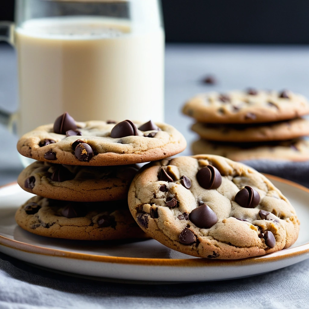 Plate of golden brown cookies with melted chocolate chips and a sprinkle of sea salt