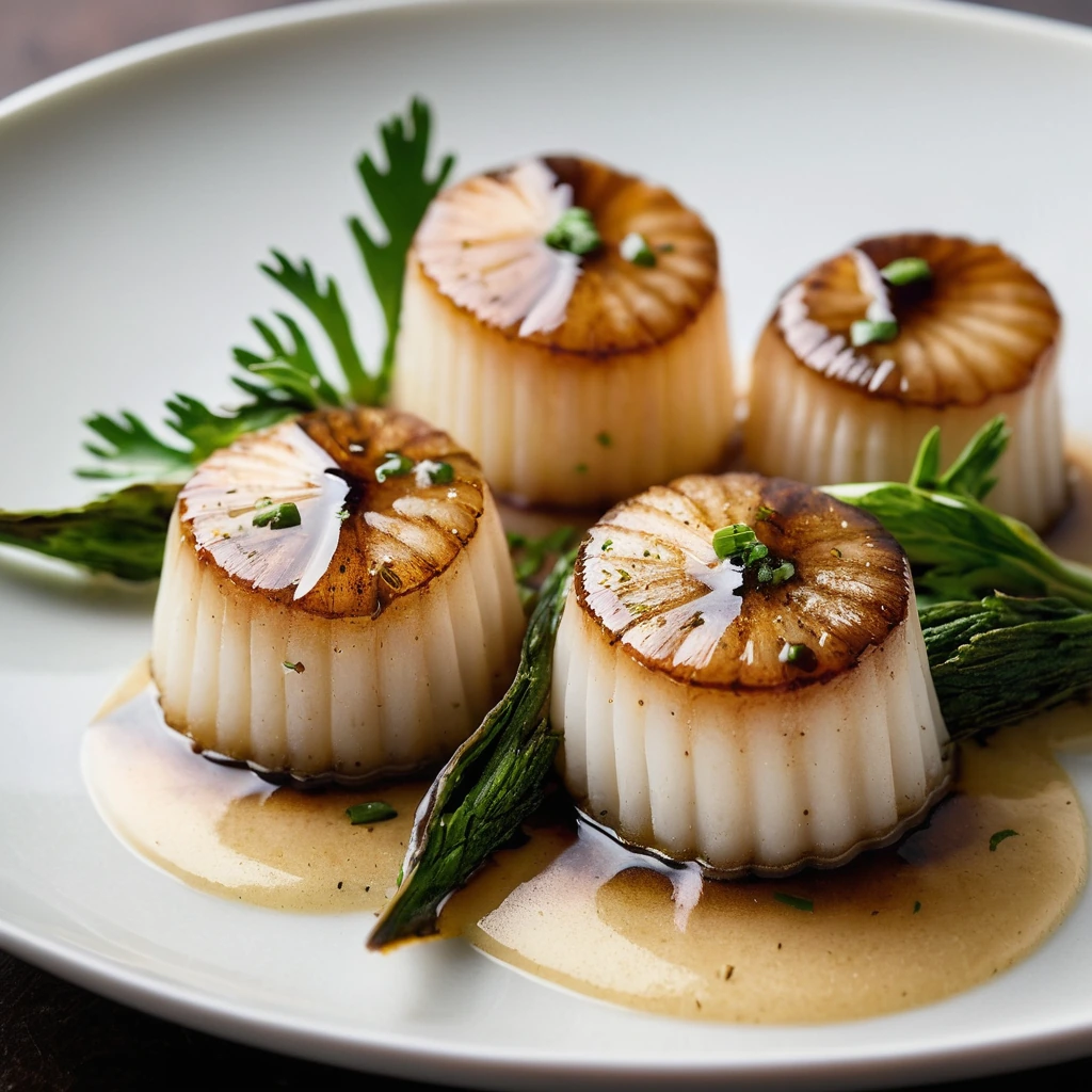 Plump scallops arranged on a white plate, drizzled with golden brown sauce, garnished with fresh parsley.