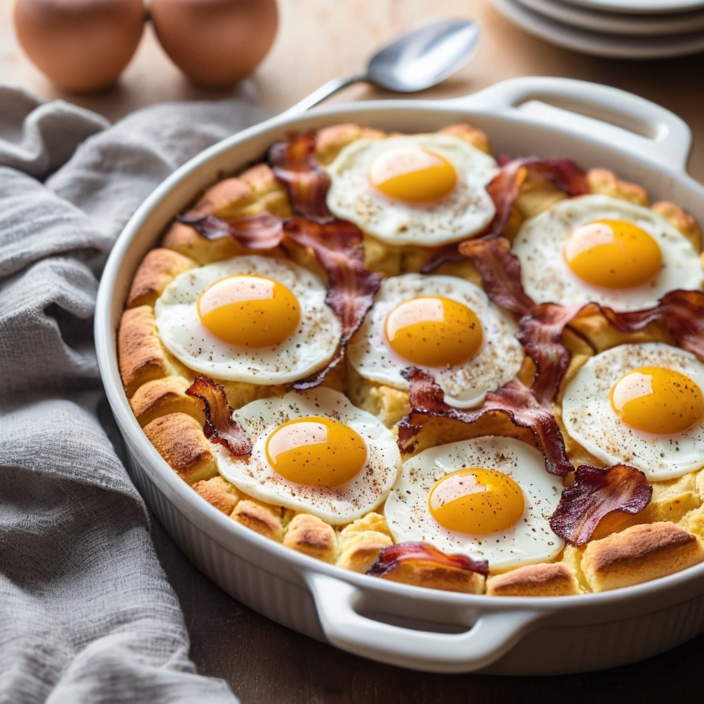 A golden-brown casserole with crispy bacon, fluffy eggs, and biscuit dough chunks.