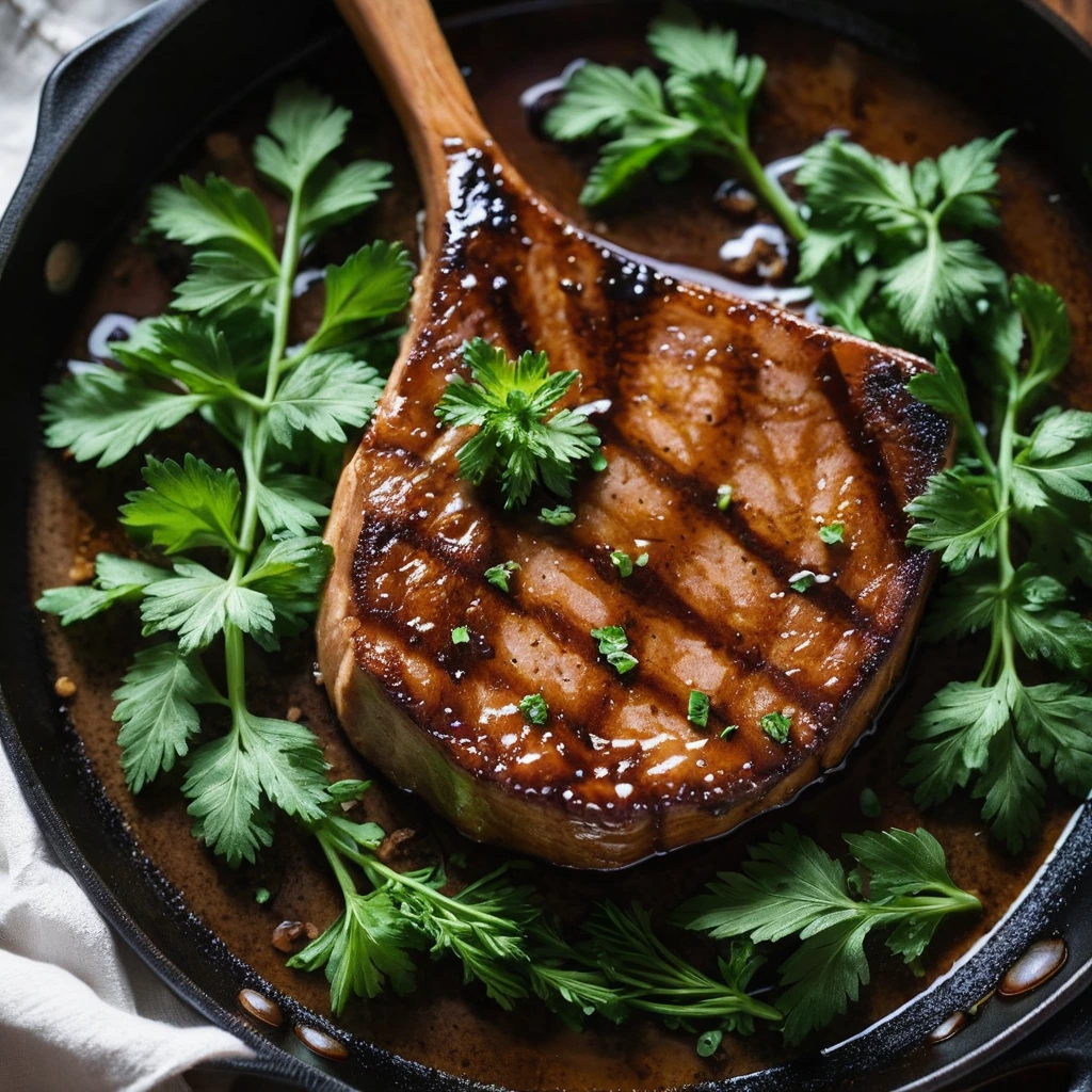 golden brown pork chops in a skillet with a glossy brown sugar glaze, garnished with fresh parsley