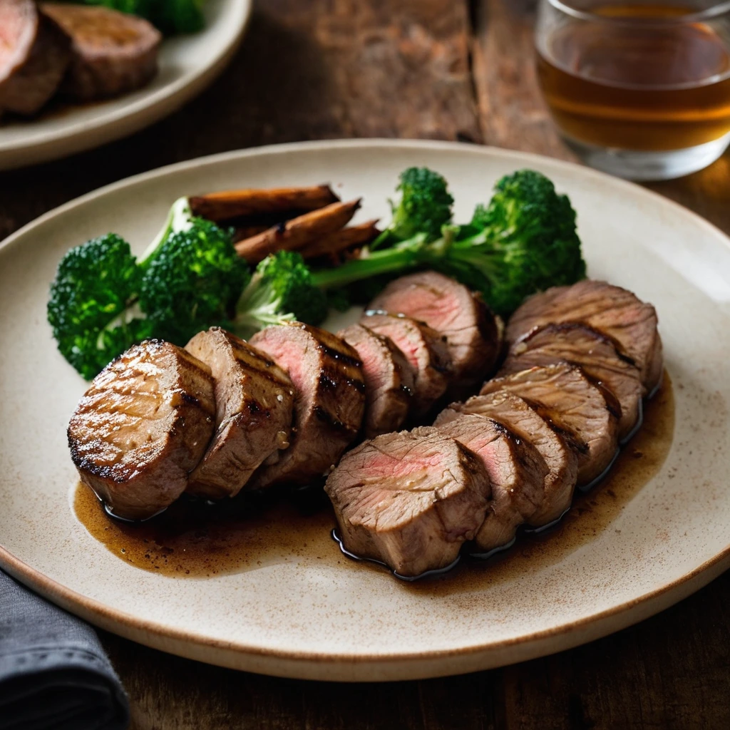 Golden-brown pork medallions with a glistening glaze on a rustic wooden board.