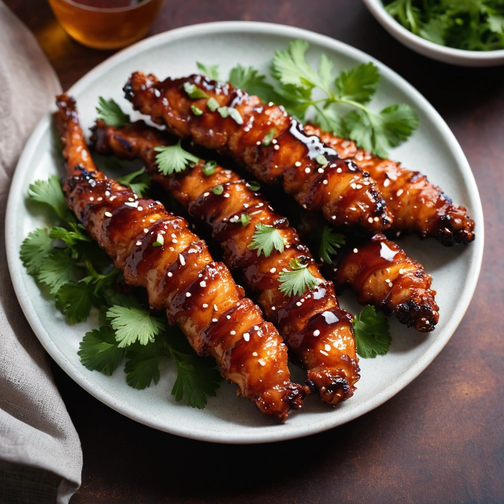 golden-brown chicken tenders on a plate with a shiny reddish-brown glaze, garnished with fresh cilantro