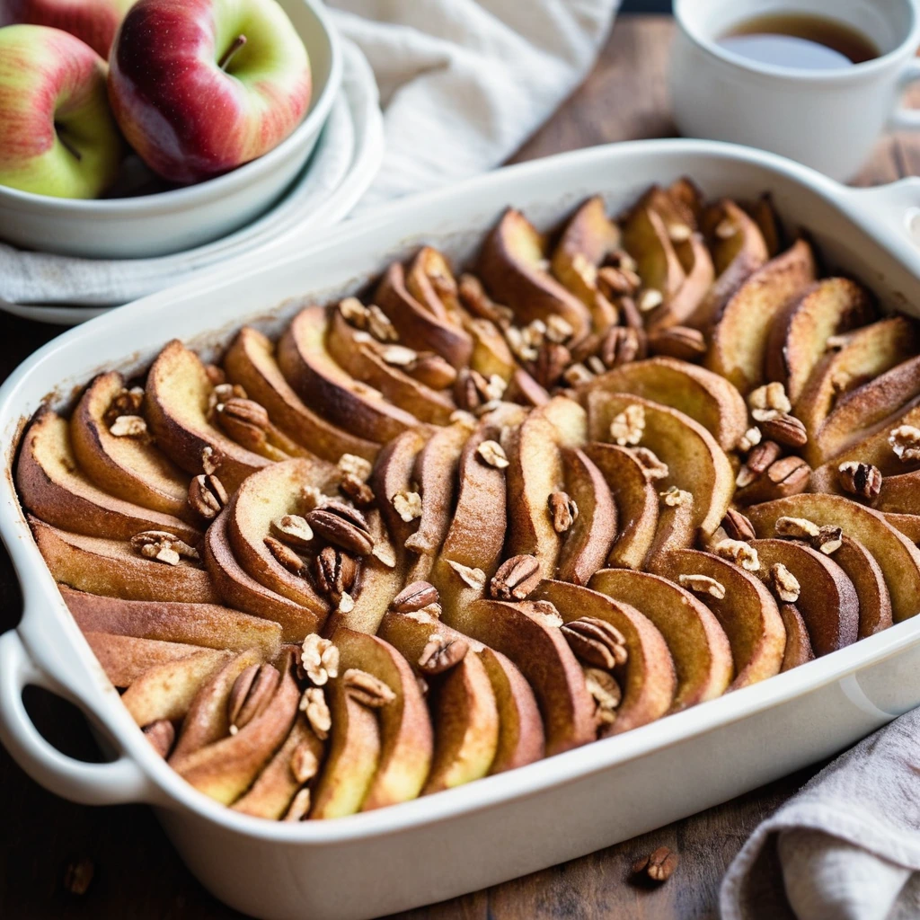 Golden brown French toast casserole topped with caramelized apples and a sprinkle of cinnamon in a baking dish.