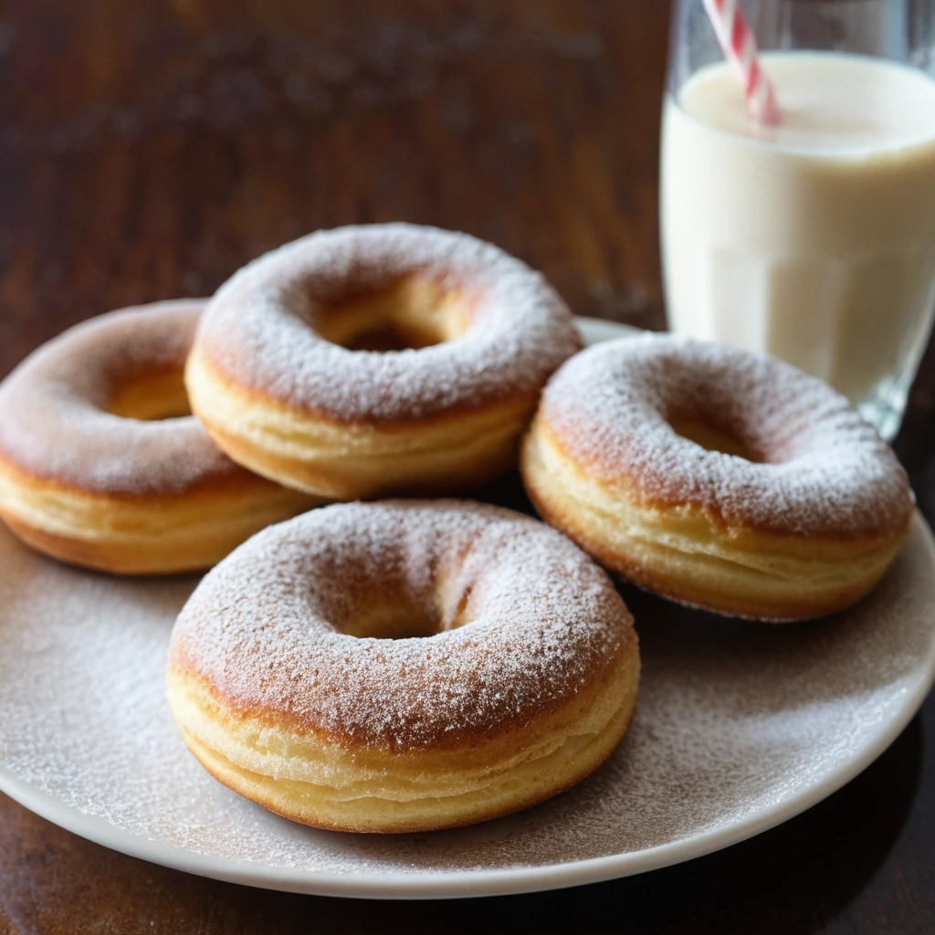 Golden brown doughnuts arranged on a plate, dusted with cinnamon sugar.