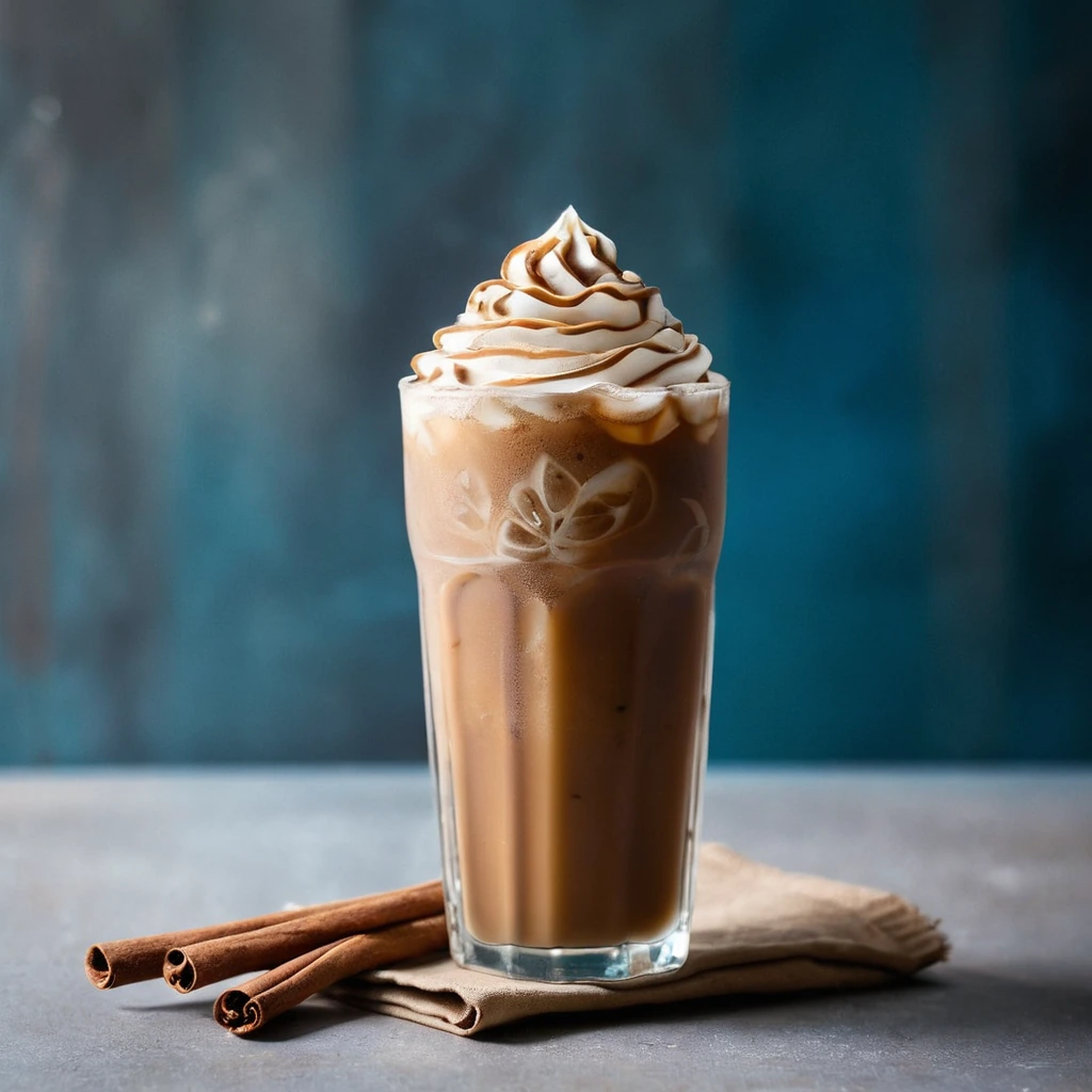 Tall glass of iced coffee with a swirl of brown sugar and cinnamon on top