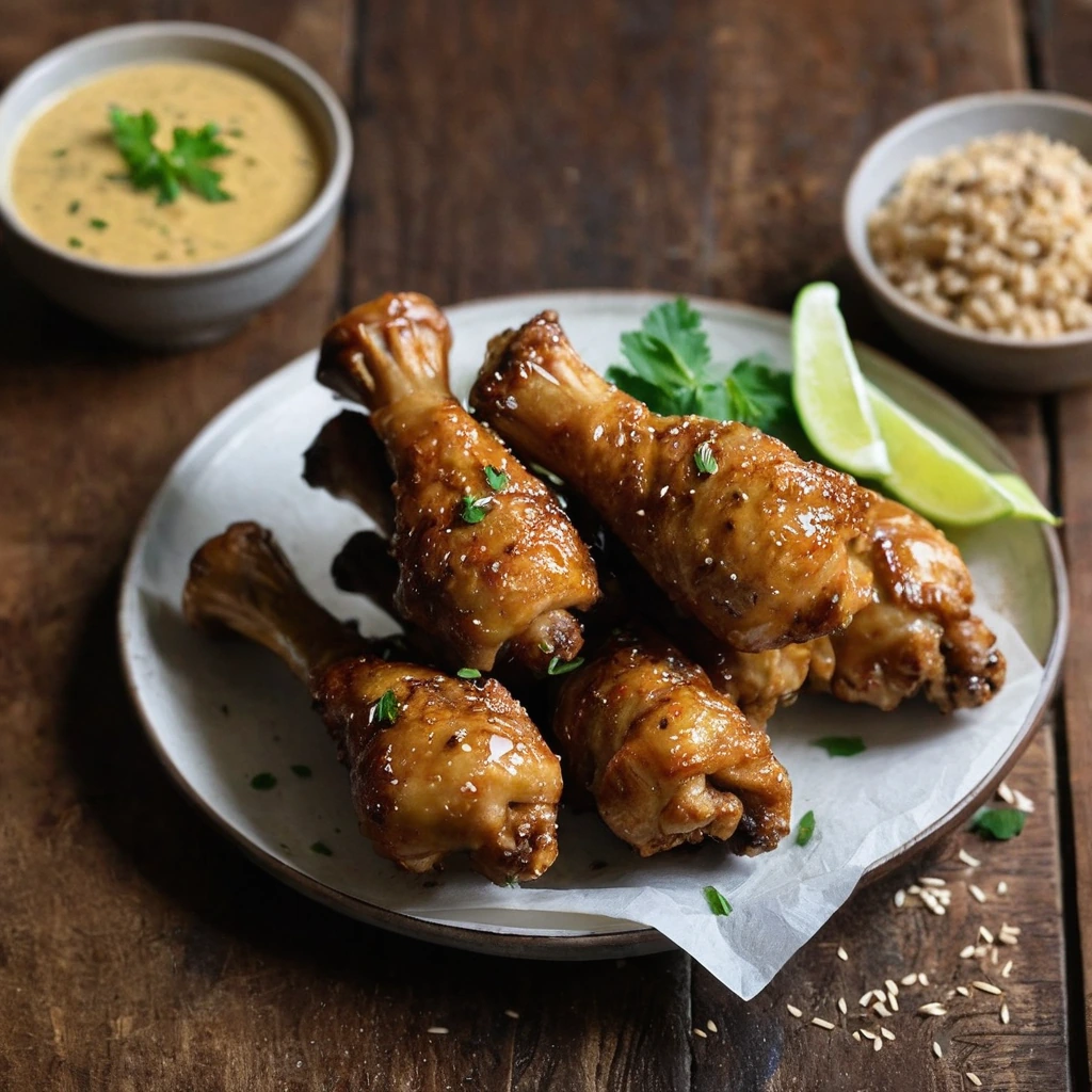 Golden brown chicken drumsticks glazed with a caramelized mustard sauce, arranged on a rustic wooden board.
