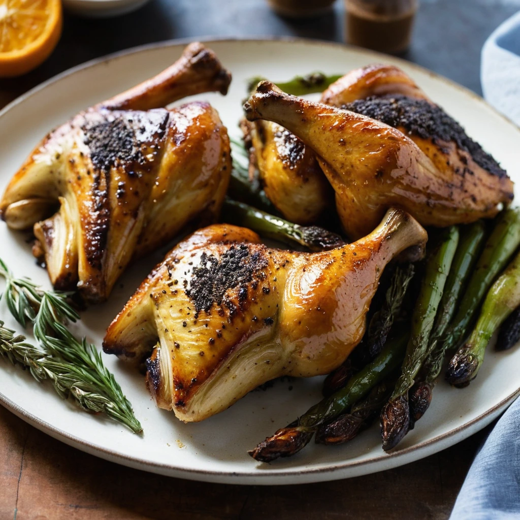 Golden roasted chicken quarters with a caramelized glaze, served on a baking sheet with roasted vegetables.