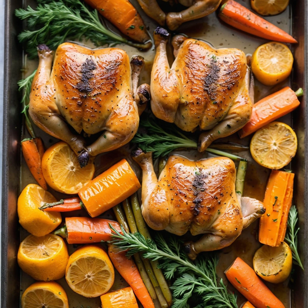 Golden chicken thighs and glazed orange carrots roasted on a sheet pan