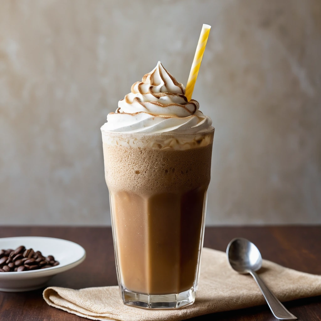 Tall glass of iced espresso with a golden brown sugar foam on top, served with a straw and a twist of lemon.