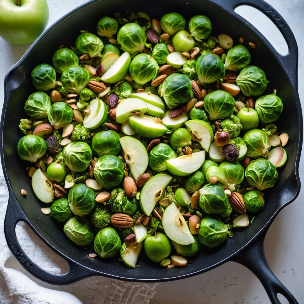 Golden skillet hash with green brussels sprouts and red apple slices, garnished with fresh parsley.