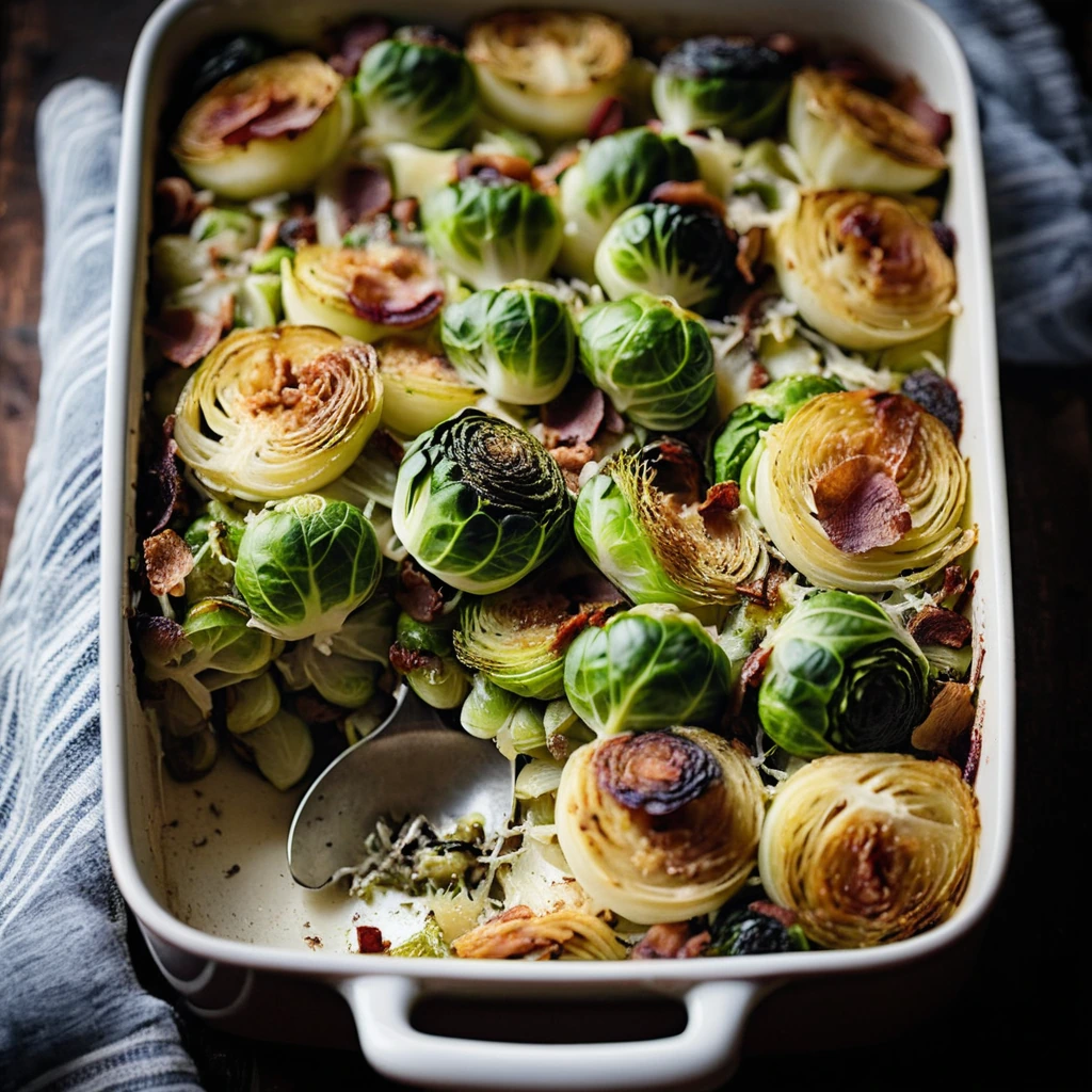 Golden bubbly casserole with layers of roasted Brussels sprouts, potatoes, and crispy bacon, sprinkled with melted cheese.