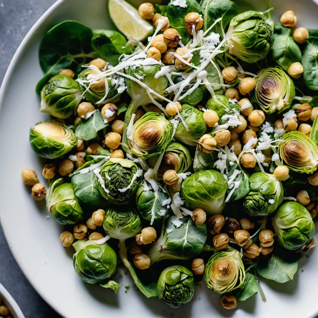 Roasted Brussels sprouts in a Caesar dressing with golden crispy chickpeas on a white plate.