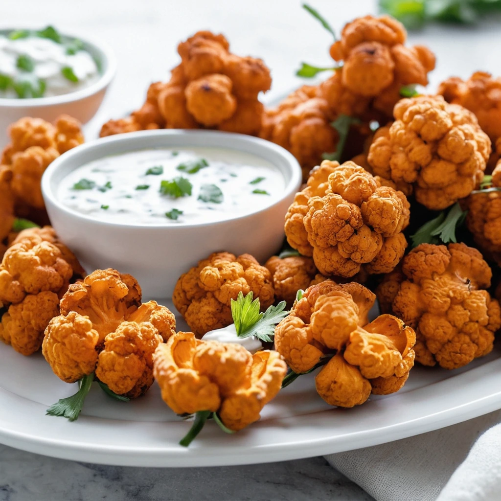 Golden brown cauliflower bites on a white plate with a drizzle of sauce and a small bowl of creamy ranch dip.