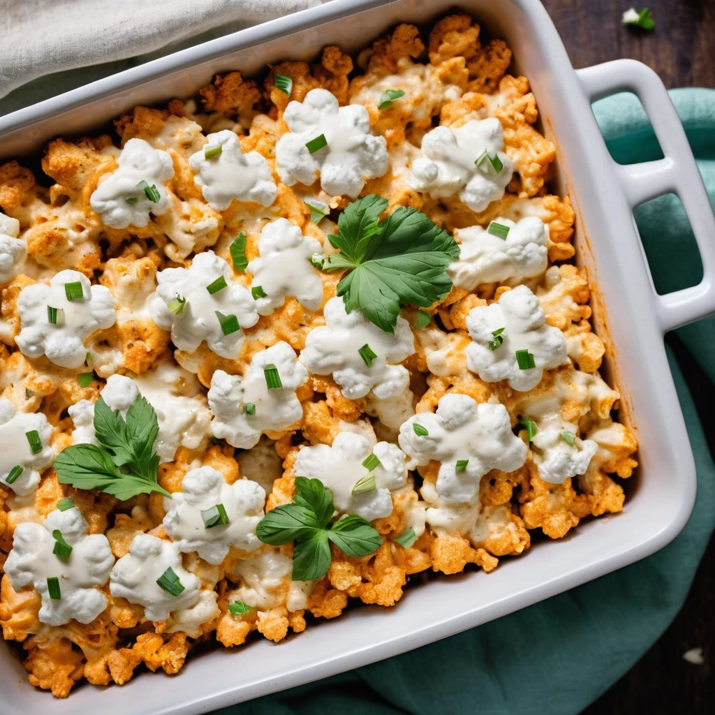 A bubbling casserole in a baking dish with golden cheese topping, flecks of green from herbs, and chunks of cauliflower and chicken visible.