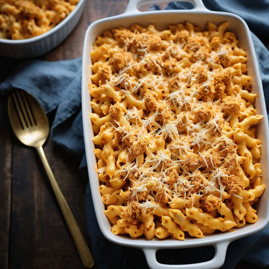 Baked mac and cheese in a casserole dish, topped with golden breadcrumbs and shredded chicken.