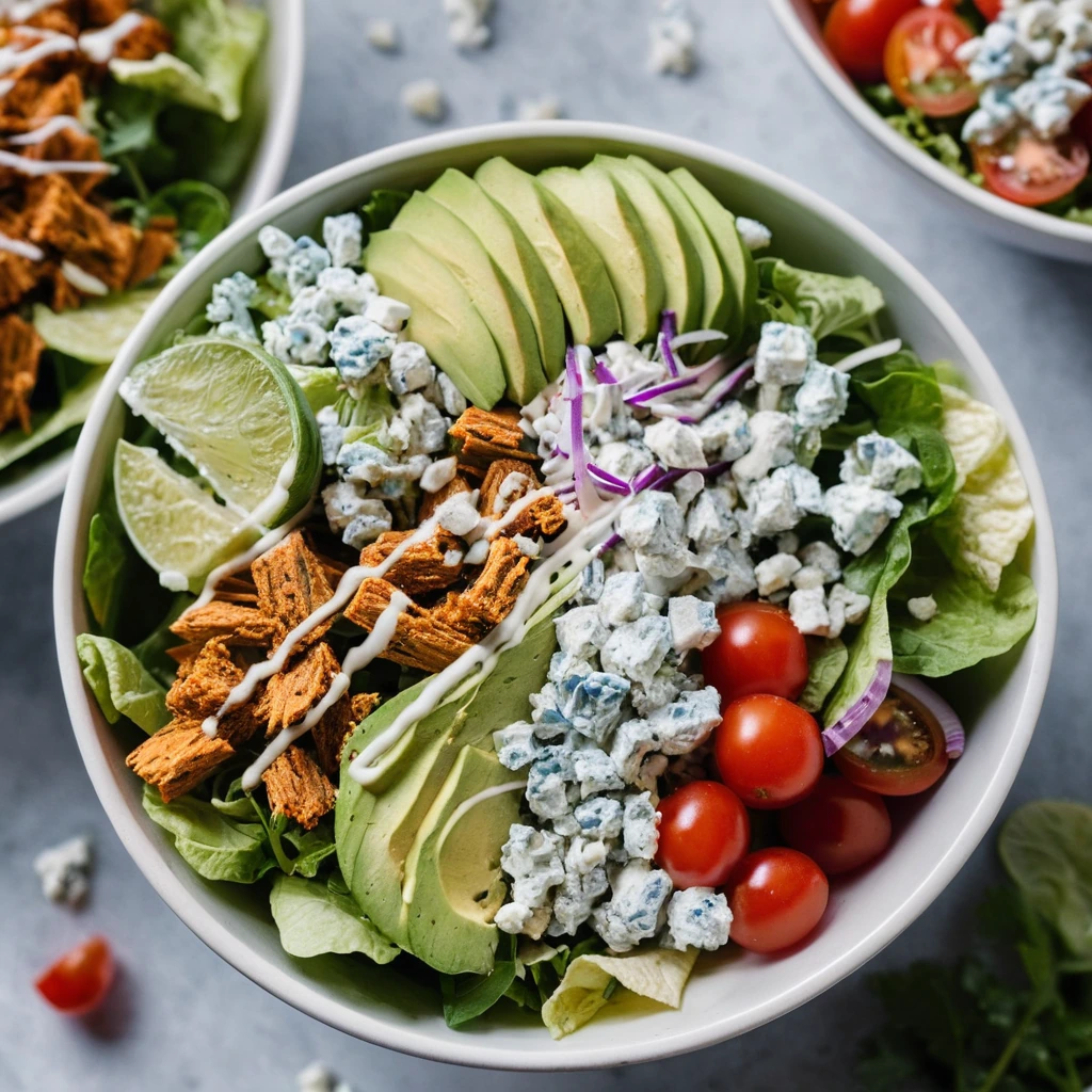 Vibrant salad bowls with shredded buffalo chicken, mixed greens, cherry tomatoes, and blue cheese crumbles, topped with a drizzle of ranch dressing.