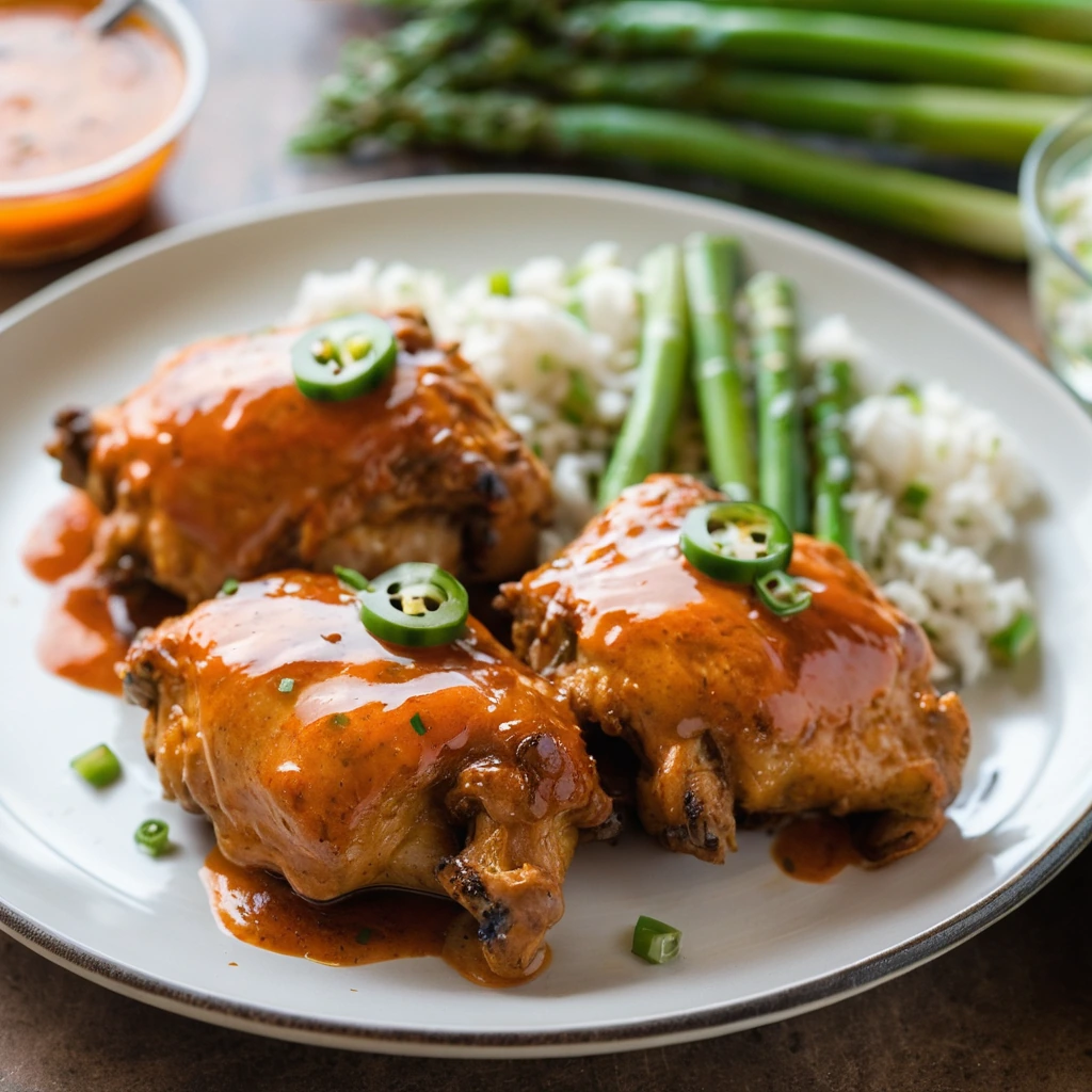 Golden brown chicken thighs on a platter, drizzled with buffalo sauce and sprinkled with green onions.