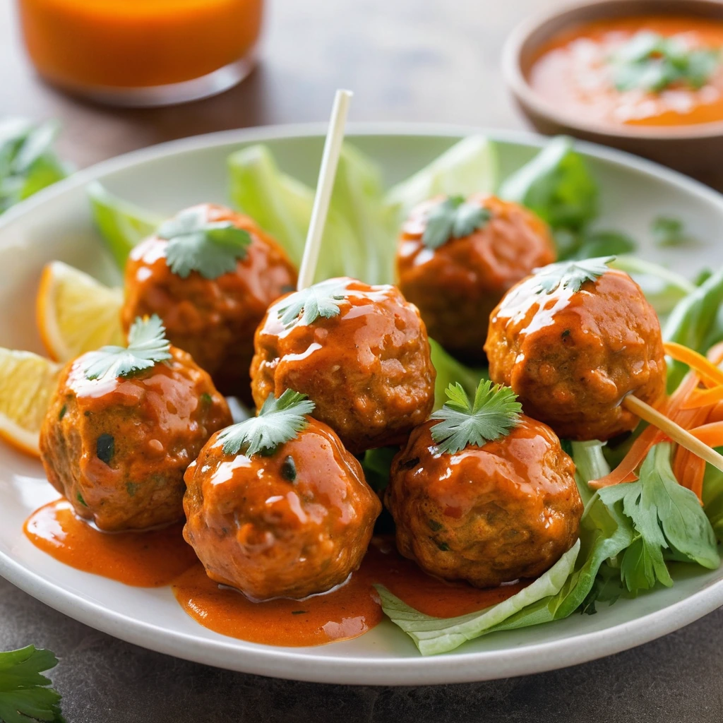 Golden-brown meatballs in a vibrant orange sauce with green ranch drizzle, served on a platter with celery sticks.