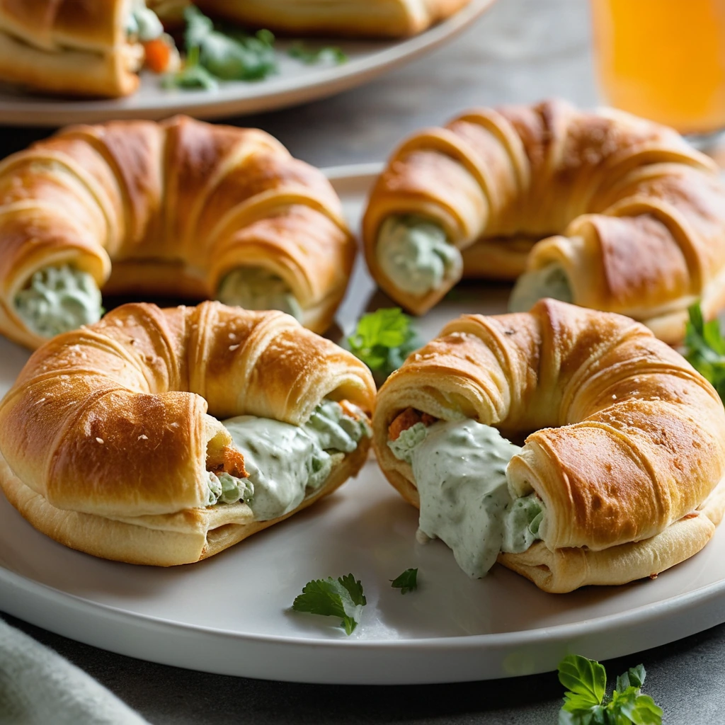 Crescent rings stuffed with chicken, arranged on a platter, with a golden-brown exterior and a drizzle of green ranch sauce.