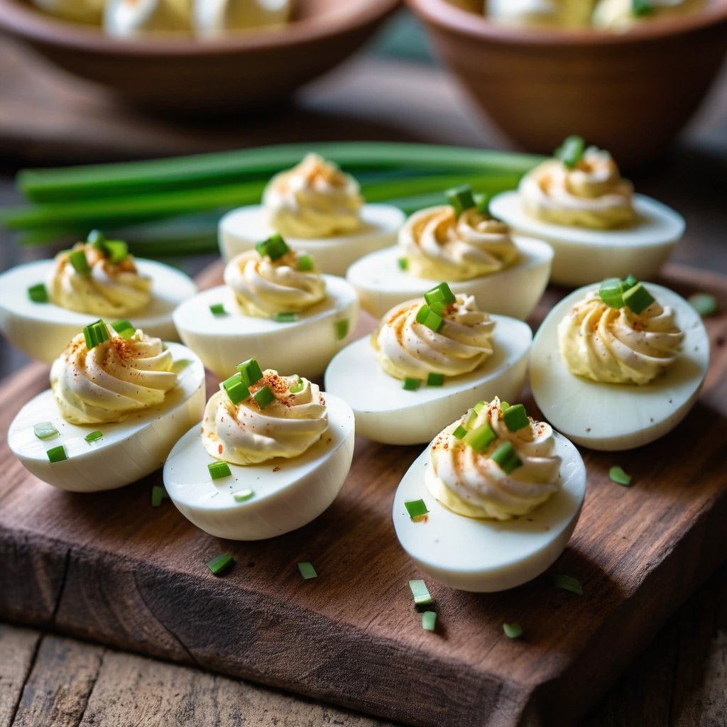 Half eggs filled with creamy yellow mixture, sprinkled with paprika and green onions on a rustic wooden board.
