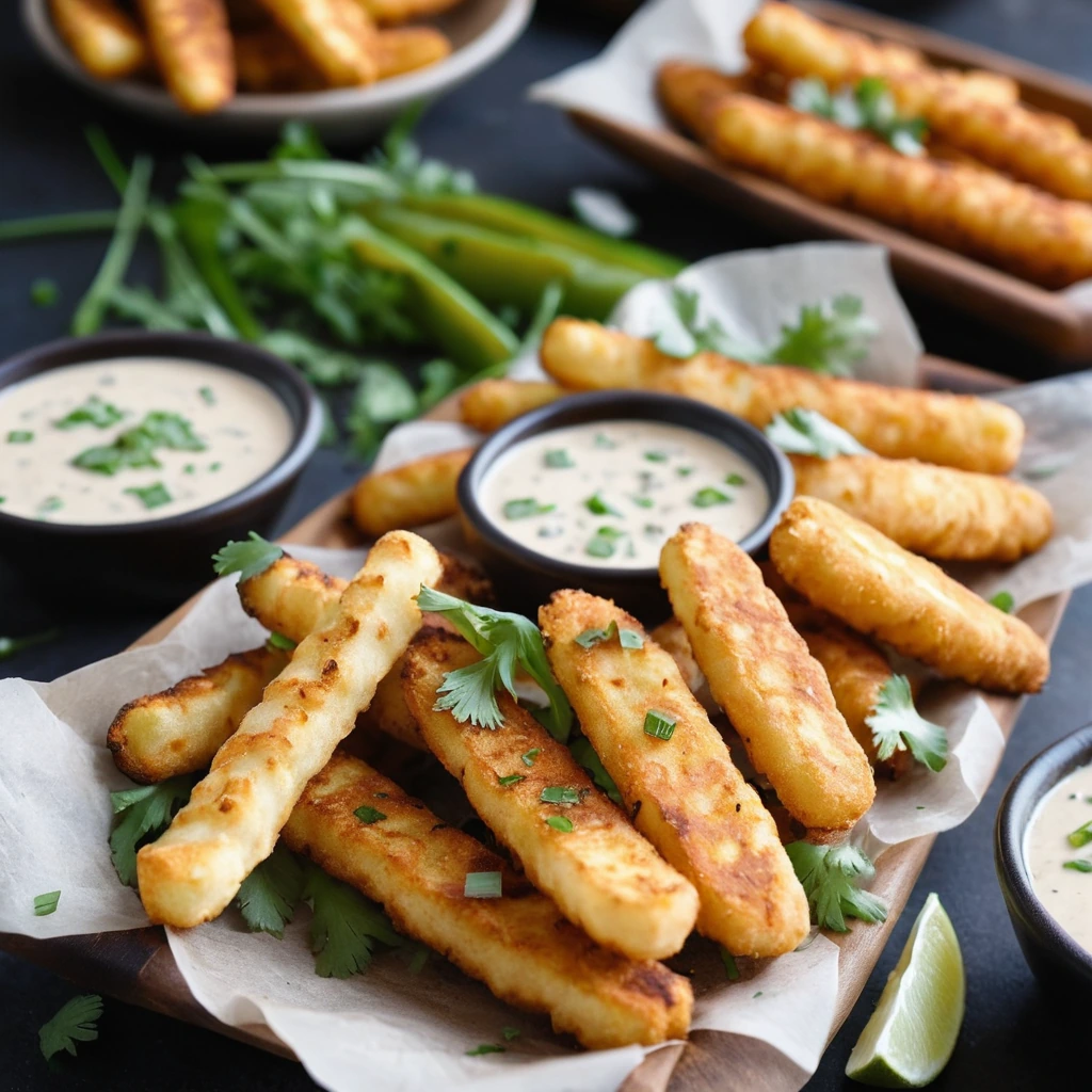Crispy golden halloumi fries arranged on a platter with a drizzle of creamy ranch sauce and sprinkled with green onions.